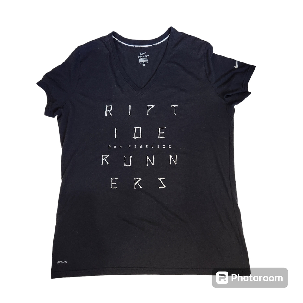 Nike Running Dri-Fit Bone Letters Graphic Riptide Runners Black V-Neck T-Shirt L